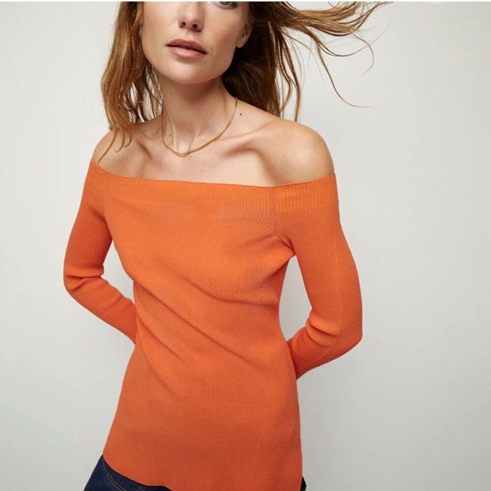 NWOT: Veronica Beard Orange Derick Ribbed Off the Shoulder Pullover Size XS